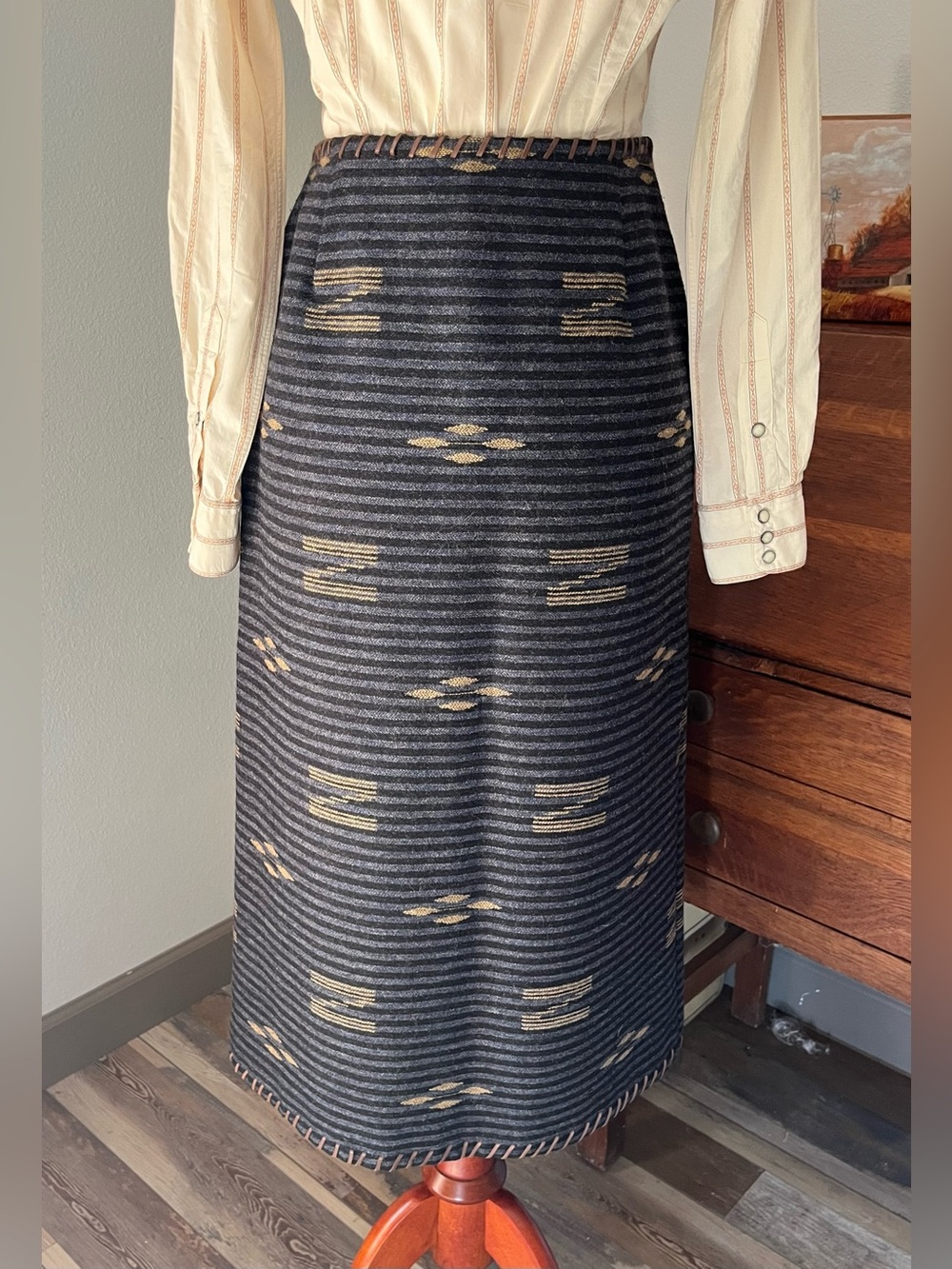 Vtg Ralph Lauren Western Southwest Wool Skirt dark blue wrap rodeo luxury - Picture 5 of 10